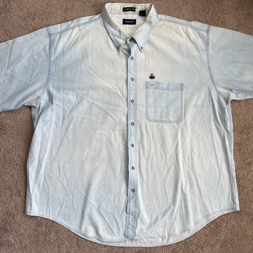 Gant Vintage Mens 4XLT White Water Chambray Light Wash Embroidered Button Down